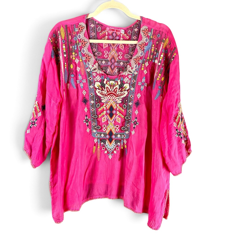 Johnny Was Pink Embroidered Cupra Rayon Tunic Top Floral Large 3/4 Sleeve